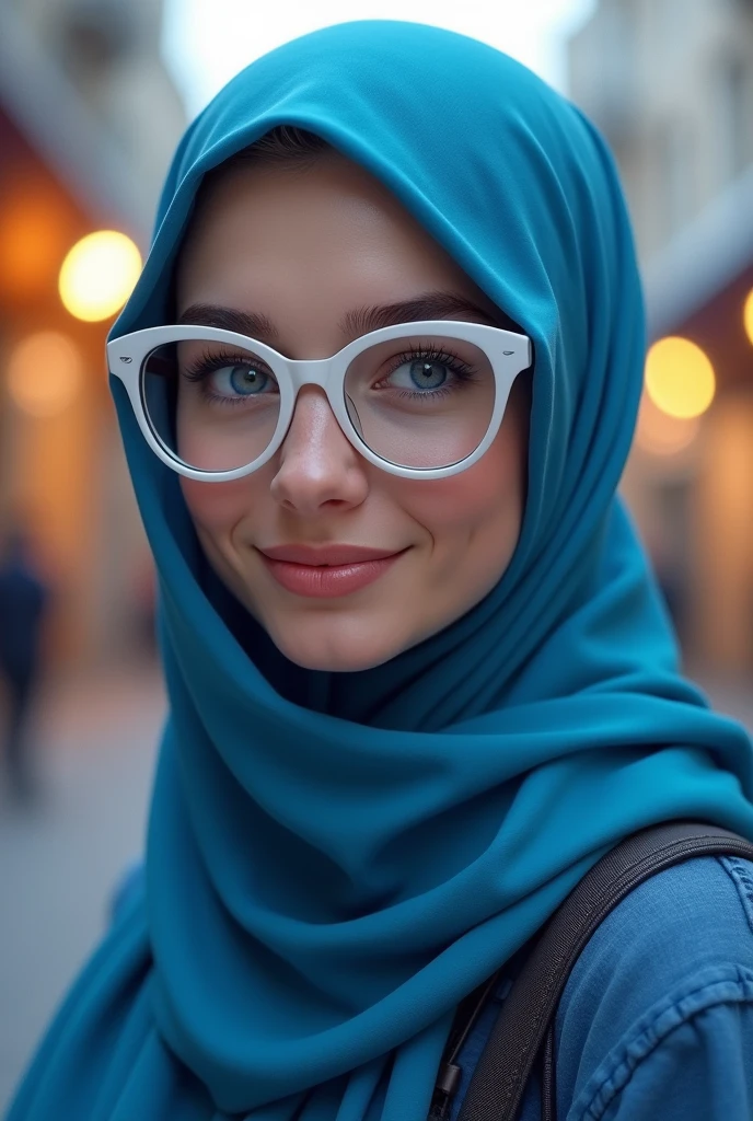 A emma myers,,perfect eyes,with blue hijab,medium body,eyes wink expression,,put white oakley glasses, 3d render