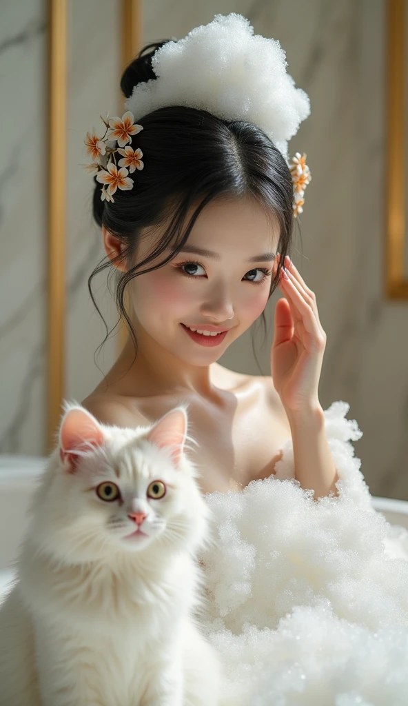 Create an Asian beauty,Standing on the ground,Hair in a bun,Beautiful beautiful big eyes,Regular facial features,Wearing a white satin bathrobe,Scratch your scalp with both hands,Two hands washing hair on top of head,There is a lot of real white foam and water on the hair,Foam wrap head,Real bubbles,Open your eyes,The expression is happy,The characters are realistic and realistic,A super big white cat, sit on the floor,Big bright eyes, Fluffy, Delicate and exquisite, Real version of the tiger pure white high-end bathroom background,Character front position,9:16 frames,Ultra-high-definition picture quality