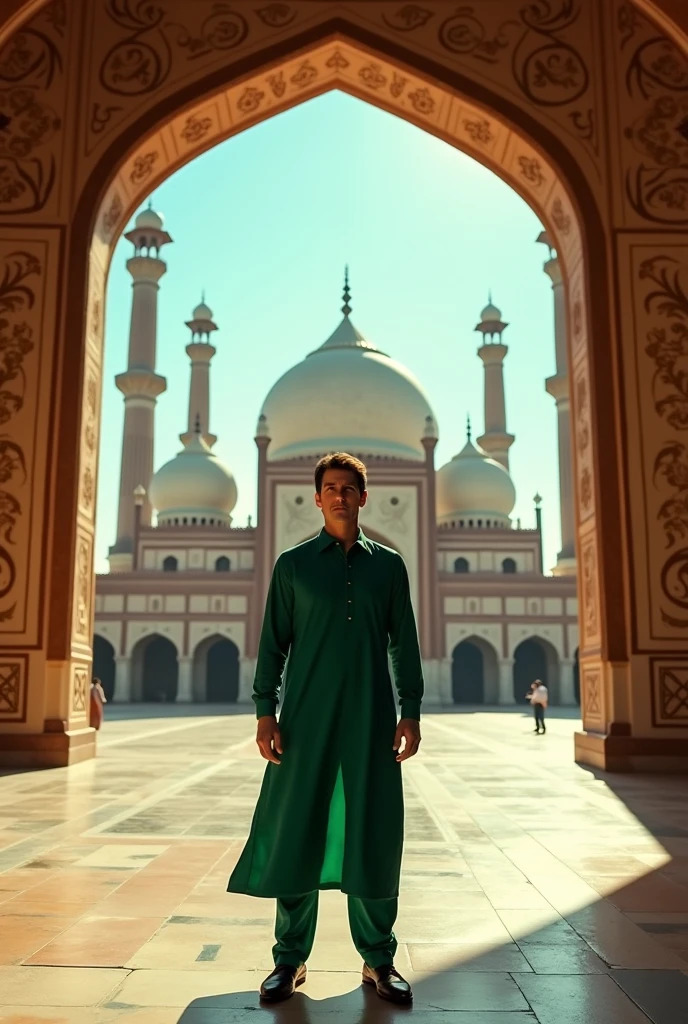 Tom cruise wearing an emerald green Shalwar Kameez and standing in Badshahi Mosque in Pakistan