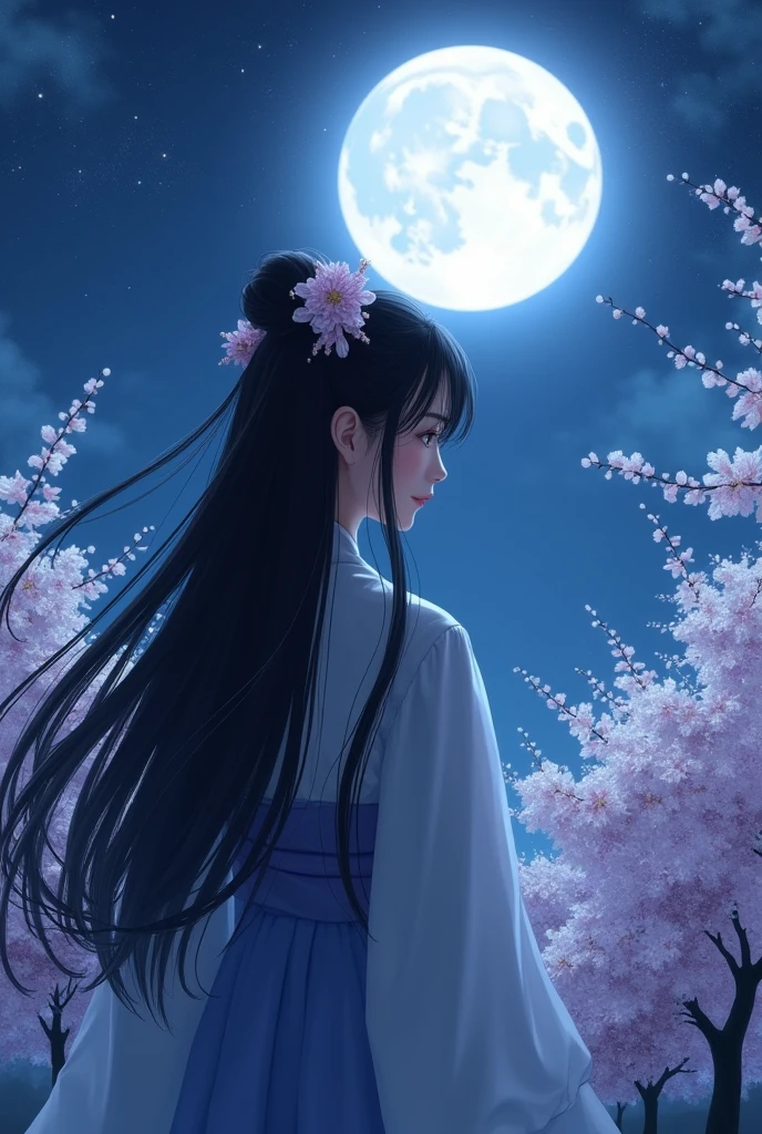 Korean style long hair background night moon
