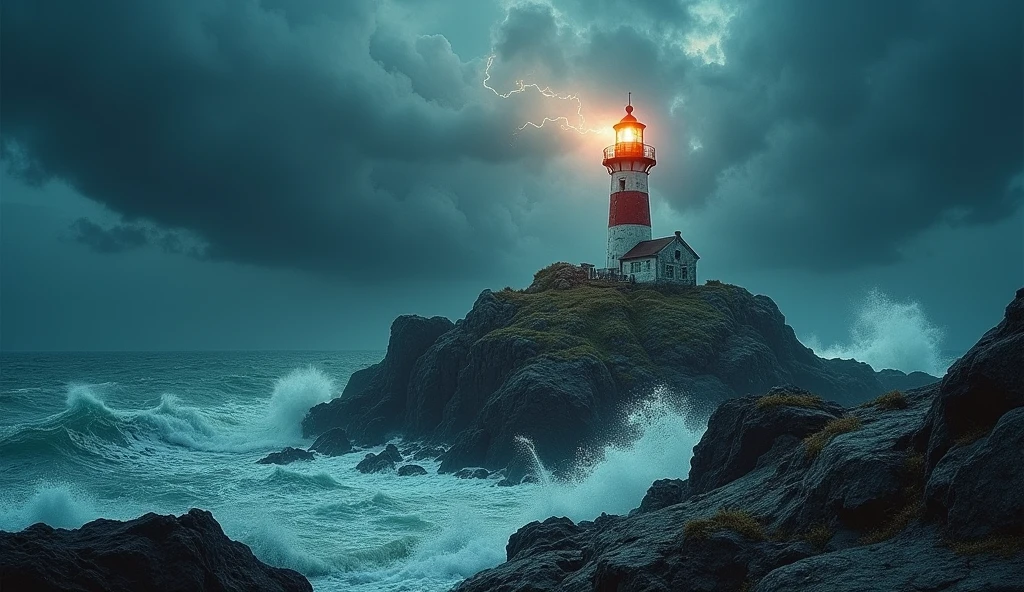 A weathered lighthouse standing tall on a rocky island, its beam piercing through the stormy night."**