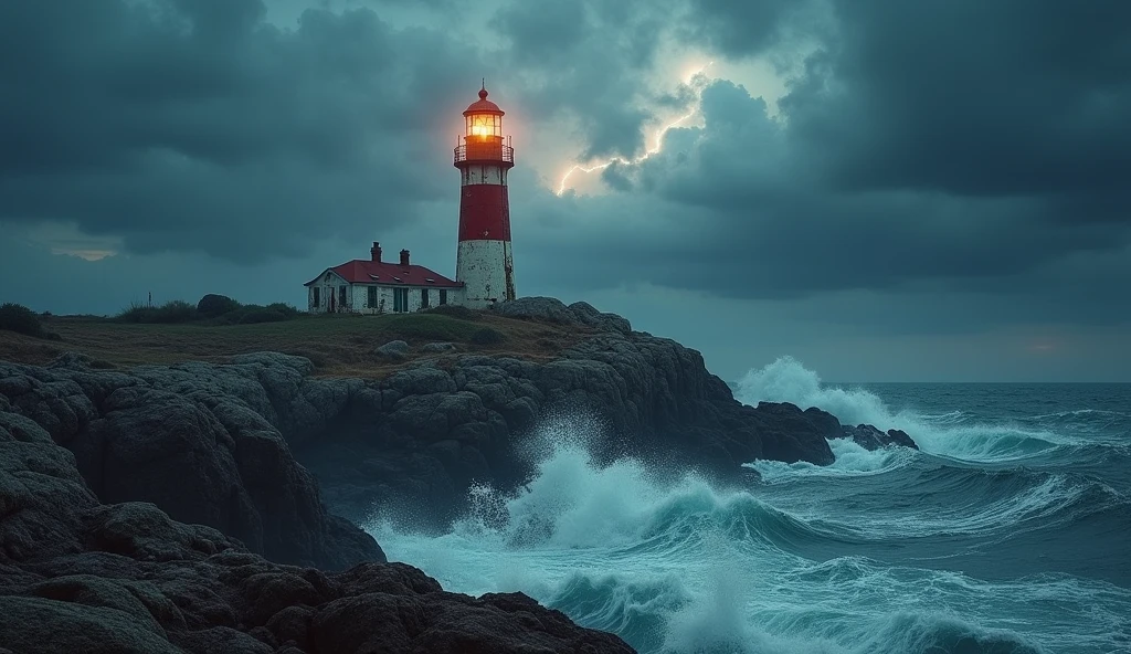 A weathered lighthouse standing tall on a rocky island, its beam piercing through the stormy night."**