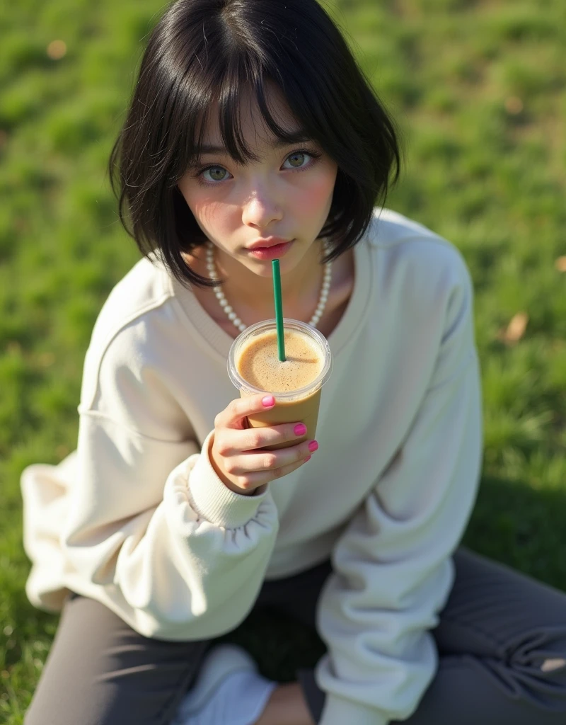(RAW photo, best quality, masterpiece: 1.2), (photorealistic: 2), (Polish girl, 20 years old, black hair, Light grey eyes, short bob cut, hair in 7 thirds, hair over one ear, Symmetrical eyes, solo, Detailed Skin:1.1), White oversized sweatshirt, dark grey pants, white sneakers, small pearl necklace, sitting Indian style on the grass, drinking cafe latte from a clear cup with a green straw, angled from above, looking up, sunny