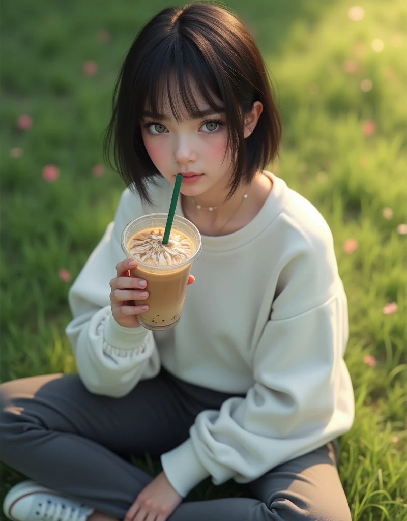 (RAW photo, best quality, masterpiece: 1.2), (photorealistic: 2), (Polish girl, 20 years old, black hair, Light grey eyes, short bob cut, hair in 7 thirds, hair over one ear, Symmetrical eyes, solo, Detailed Skin:1.1), White oversized sweatshirt, dark grey pants, white sneakers, small pearl necklace, sitting Indian style on the grass, drinking cafe latte from a clear cup with a green straw, angled from above, looking up, sunny