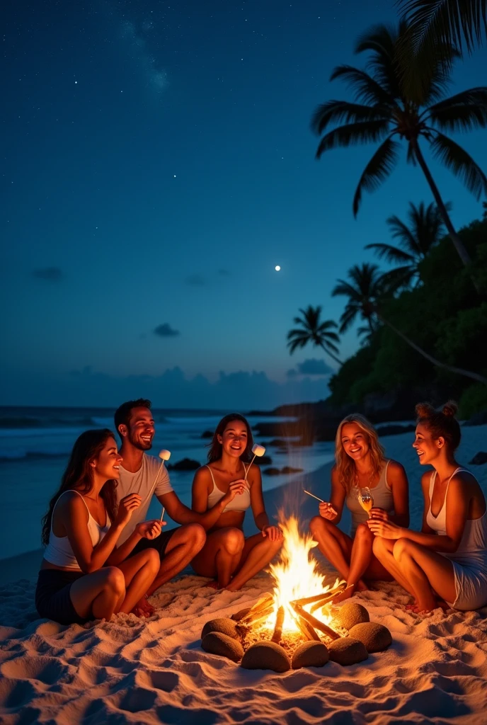 On a beach at night bonfire