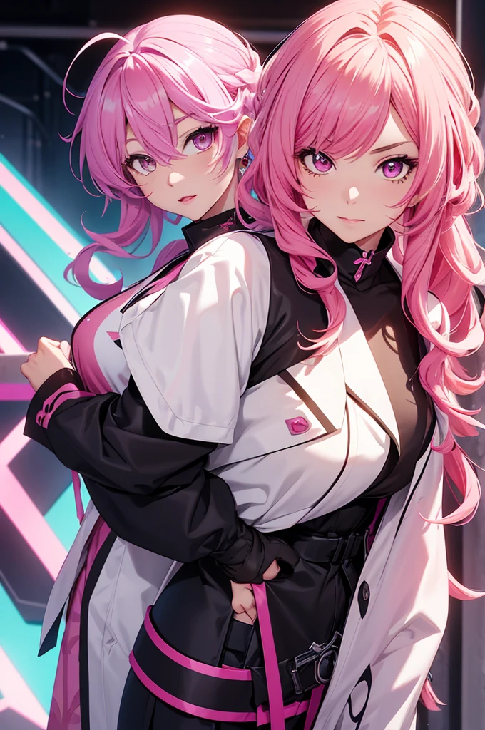 generate me a genshin impact character with curly hair, her hair is also pink, and eyes are brown, she has pink/white/yellow/red colors in her clothes