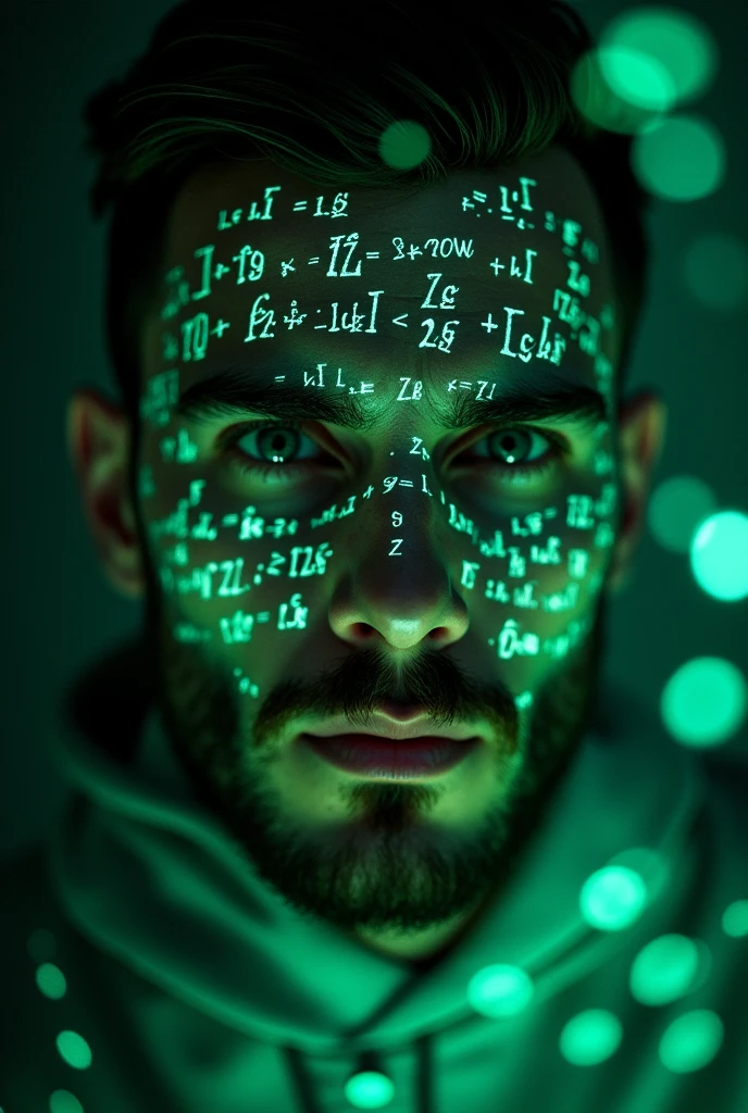 Close-up of man face, glowing green holographic equations projected onto skin. Intense gaze, realistic features. Dark background, cyberpunk aesthetic. Luminous mathematical formulas, handwritten style. Futuristic, high-tech atmosphere. Photorealistic rendering, dramatic lighting, sharp contrast