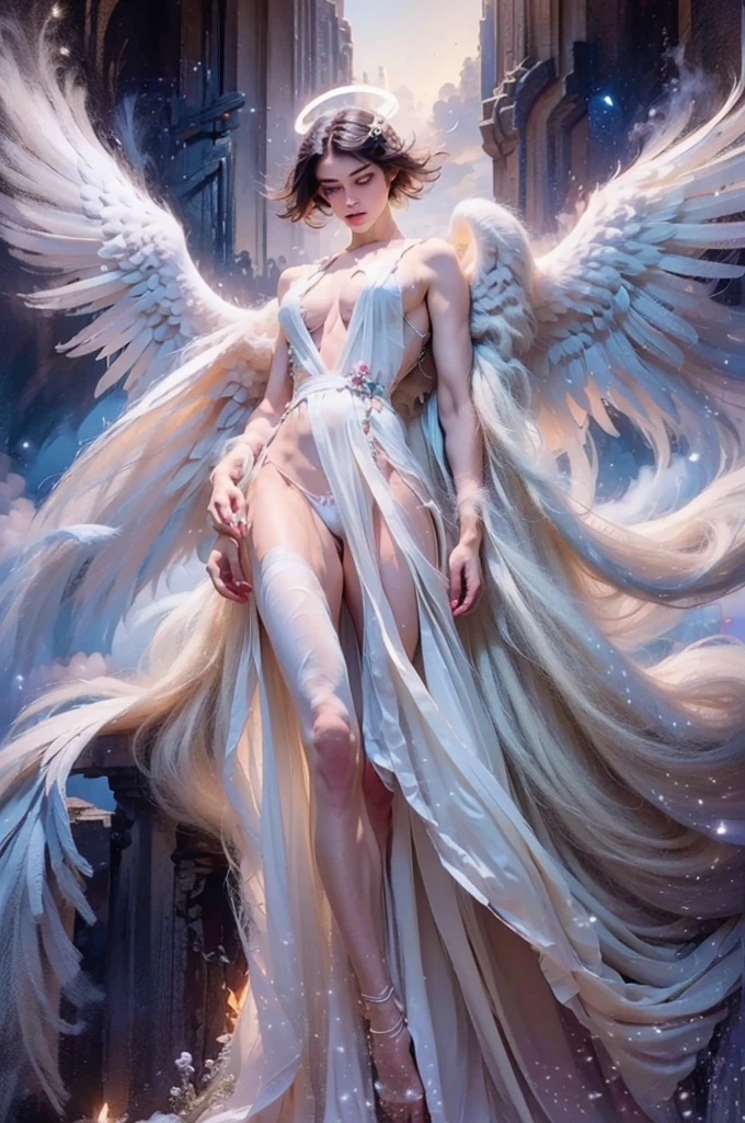 (masterpiece), best quality, expressive eyes, perfect face, (masterpiece), volumetric light, best quality, expressive eyes, perfect face, medium pecs full body shot of handsome male angel in sexy white thong ,halo of light, celestial, bara, short black hair, green eyes, (male, man).
