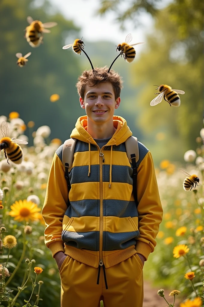 A bee and A man look like a bee he have anthena and he's 18 years-old and shirt yellow gray