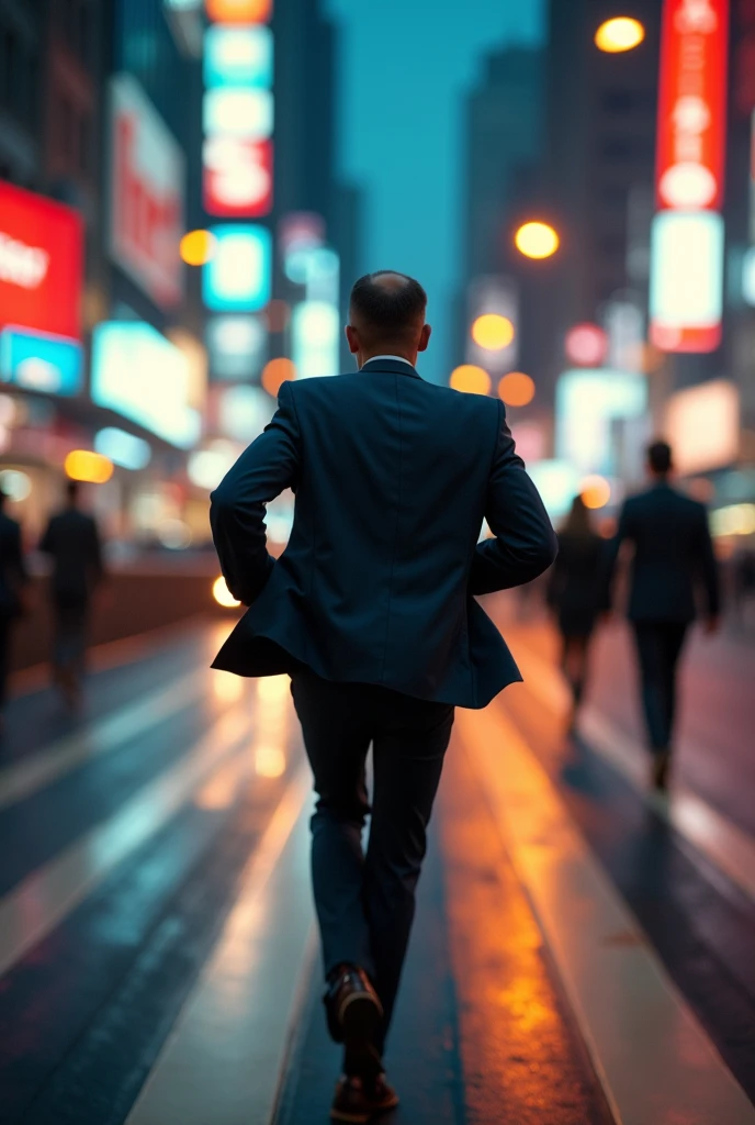 a man running through a busy city street, wearing a corporate suit, blurred background with traffic lights and pedestrians, cinematic panning effect, highly detailed, photorealistic, 8k, studio lighting, dramatic lighting, masterpiece
