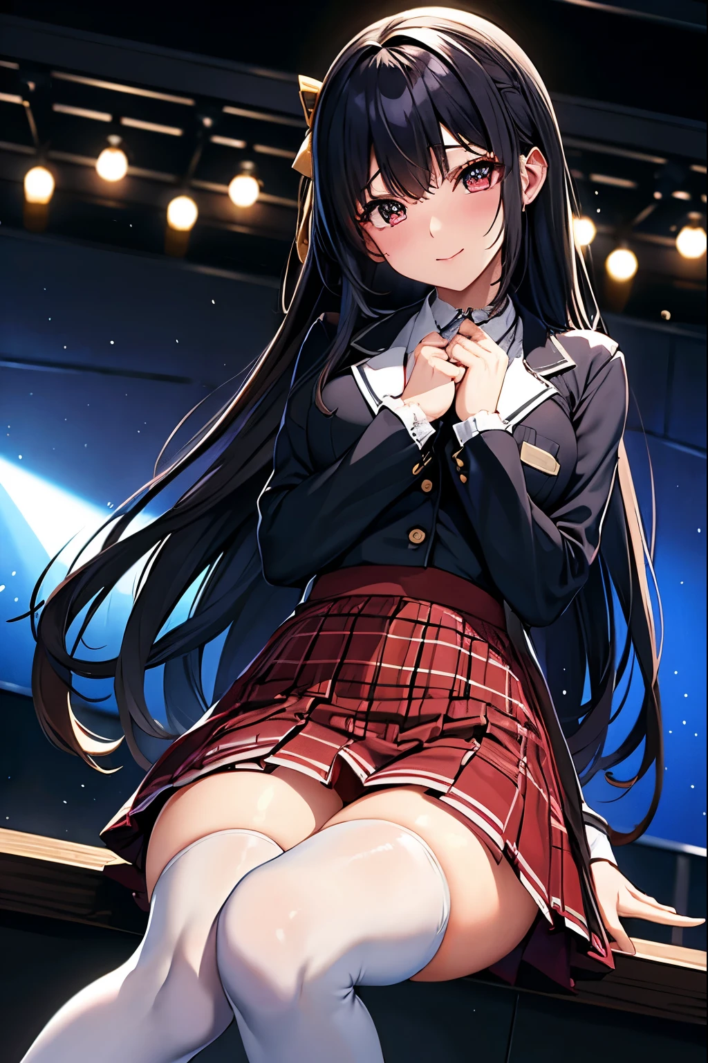 High school girl blazer、uniform、Red checked knee-length skirt、Long skirt、JK Style、Jacket、smile、Knee-high socks、Thigh-high socks、pantyhose、Extremely beautiful、Super cute、ennui、Rare Beauty、Dark black eyeshadow、sad、Skin radiance、Long Hair Straight Hair、Dark Gothic Makeup、Dark Smile、Fragrant beauty、Stained glass background、masterpiece、Highest quality、See 5 books、Sweat glistening on my chest、Sweat glistening on the face、Small breasts、22 years old、Slightly slim、Mysterious look、Sad look、Mysterious Gothic Church、enchanting castle、Excessive sweating all over the body、Thighsに大量の汗と光、光沢のあるThighs、Thighs、Thighsに大量の汗が光る、sweat profusely、Gal、Small breasts、Japanese face、Captivating look、細いThighs、play the guitar、I have a guitar、Enthusiastic singing、バンドでplay the guitar、Playing guitar chords、Background of the live music venue、Sing a song、Open your mouth、Scenery of a live music venue、Mike stand、Glamorous live stage、Dynamic Angles、Vivid straight long hair、delicate straight hair、