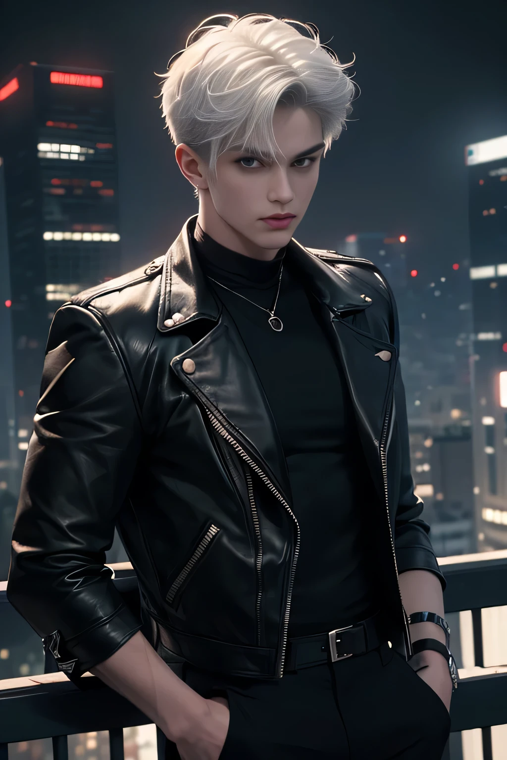 ((Best quality)), ((masterpiece)), 8k (detailed), ((perfect face)) ((halfbody)), perfect proporcions, perfect proporcions, he is a handsome male, he is , badass, wild hair on his head, white short hair, night city, ((perfect face)) white hair, long bangs, leather jacket, balck clothes, black pants,
