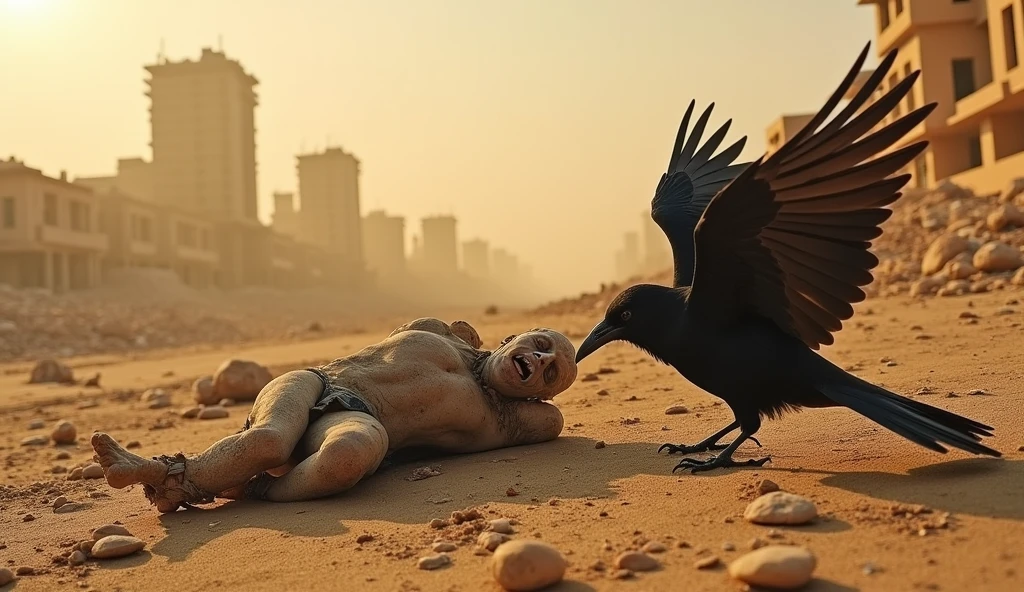 Photo of crows eating human remains on the ruin of a city, sand, sand cloud, heat, hazy, rubles, debris,