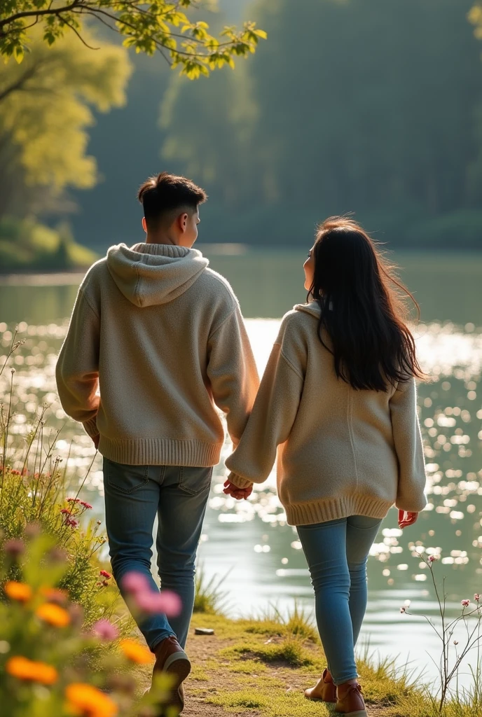 a beautiful, slightly fat Asian girl, wearing casual clothes, is walking hand in hand with a handsome Asian man. on the edge of a beautiful lake.