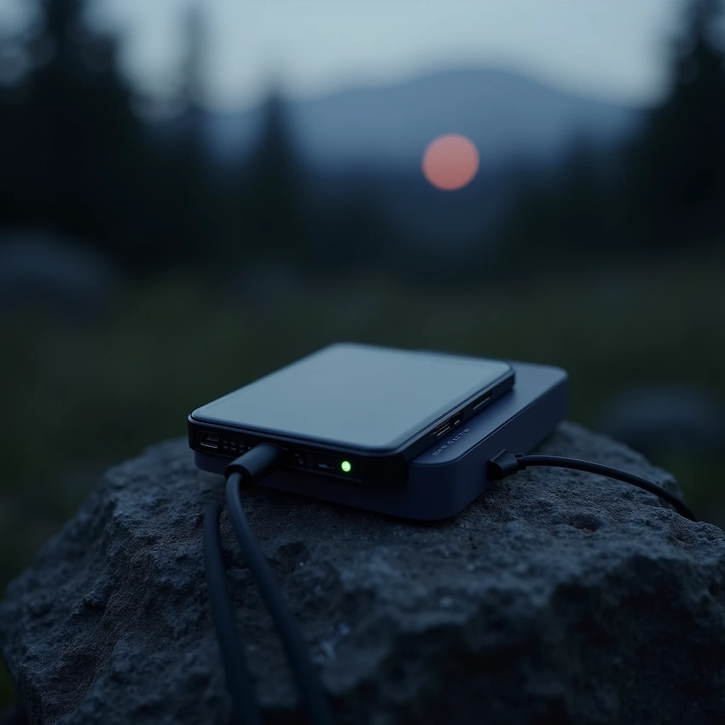 A sleek, modern power bank placed on a rock in the wilderness, with a smartphone plugged into it. The background features a serene but isolated forest scene at dusk, with a dim light filtering through the trees. The power bank’s LED indicators are glowing softly, signaling its readiness to provide emergency power. The scene is minimalist, with the focus on the power bank and the practical, life-saving role it plays in remote locations. Clear, clean composition, ultra detailed, 4K.