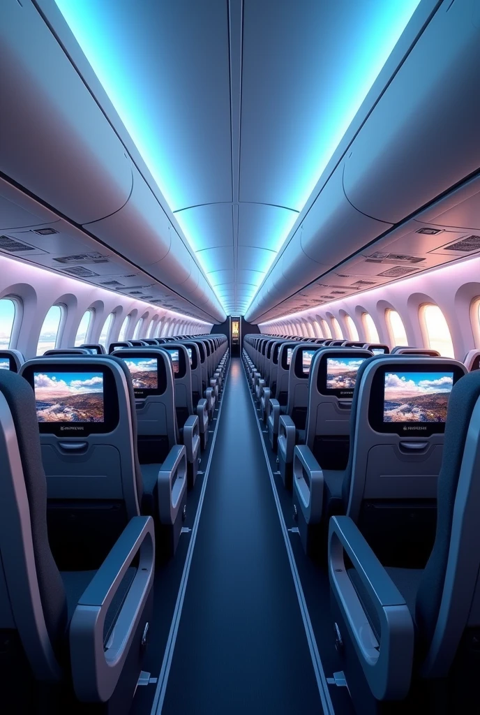 In the cockpit of the aircraft,You can see a lot of airplane seats,The seats have screens on the headrests,Real Effects,No passengers,Can see out the window and back of the seat,Camera rotates 45 degrees VR effect