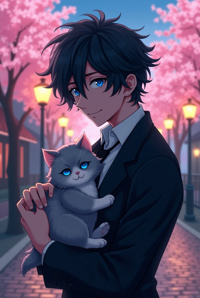 In anime style, Osamu Dazai from te anime series Bungou Stray Dogs with a lovely kitten.