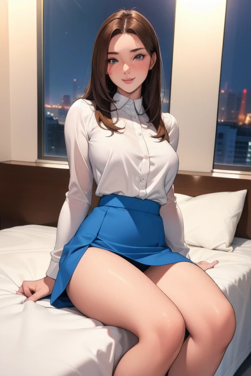 Best Picture Quality, Masterpiece, 4K, High Definition, Ultra High Resolution, Top Definition, One Cool Adult Woman. The woman has brown hair. Her hair is straight, one length.
Long, slanted eyes, blue pupils.
Model like beauty, perfect proportions. Perfect legs. Perfect arms. Shirt, tight mini skirt. High heels. Anatomically correct human body, accurate, depiction of arms and hands, accurate depiction of legs, accurate, depiction of human skeleton, sexually attractive body, sharp image quality.


(Sitting on a bed in a room with a night view of the city through the window. She has a blush on her cheeks and a mischievous smile on her face.
)
(A very short skirt).
She is sitting on a bed with her legs spread wide apart and her panties visible through her skirt.