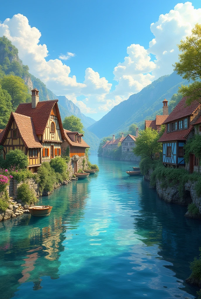 Draw two villages separated by a large river with absolutely NOTHING joining them together.