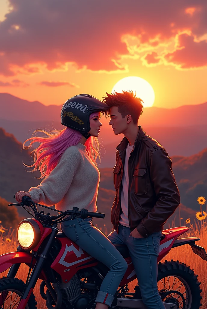 High quality photos of a couple in love from behind, one each on an enduro motorcycle, with the names Gilberto as a woman and Fany as a man, in your sweater or jacket, anime drawings