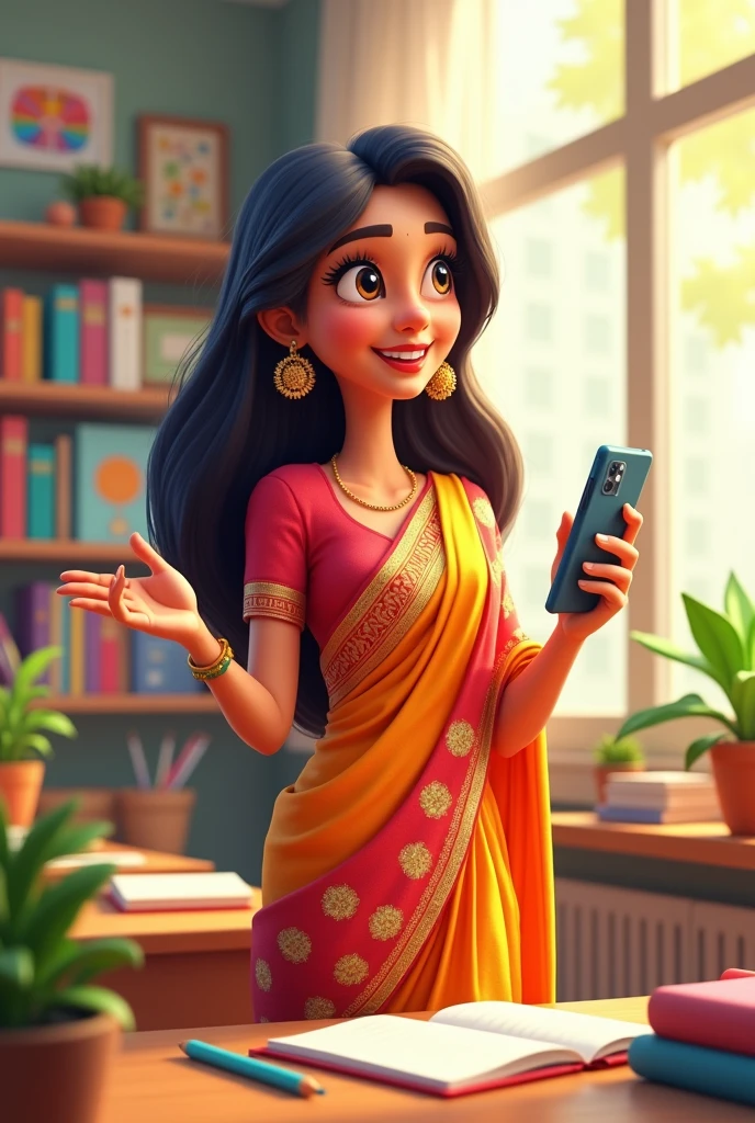 Private school teacher ai 3d cartoon type with saree with iphone hand image 