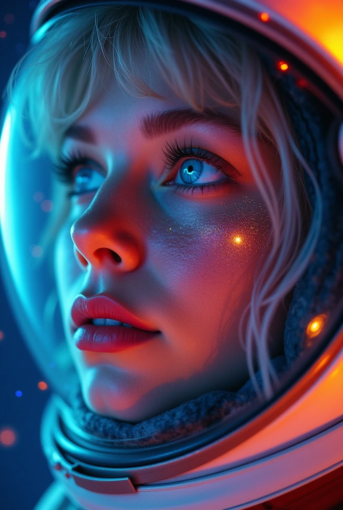 (Close-up of a better masterpiece:1.5)0.9], (Space and astronauts:1.2) (Messy silver hair:1.1) (Heterochromia xanthochromia and blue eyes:1.2) (Space Helmet:1.0) (Colored stars in the eyes:1.0) (A radiant glow:1.1) (thick lips:0.9)