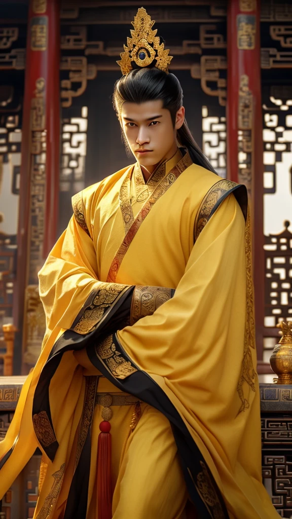 A prince of the Chinese empire, white skin, wear gold clown, gold clothes kingdom,19 Yo,hansome,kingdom background 