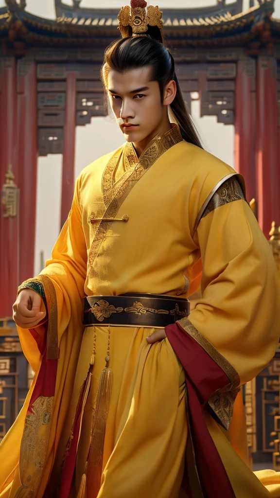 A prince of the Chinese empire, white skin, wear gold clown, gold clothes kingdom,19 Yo,hansome,kingdom background 