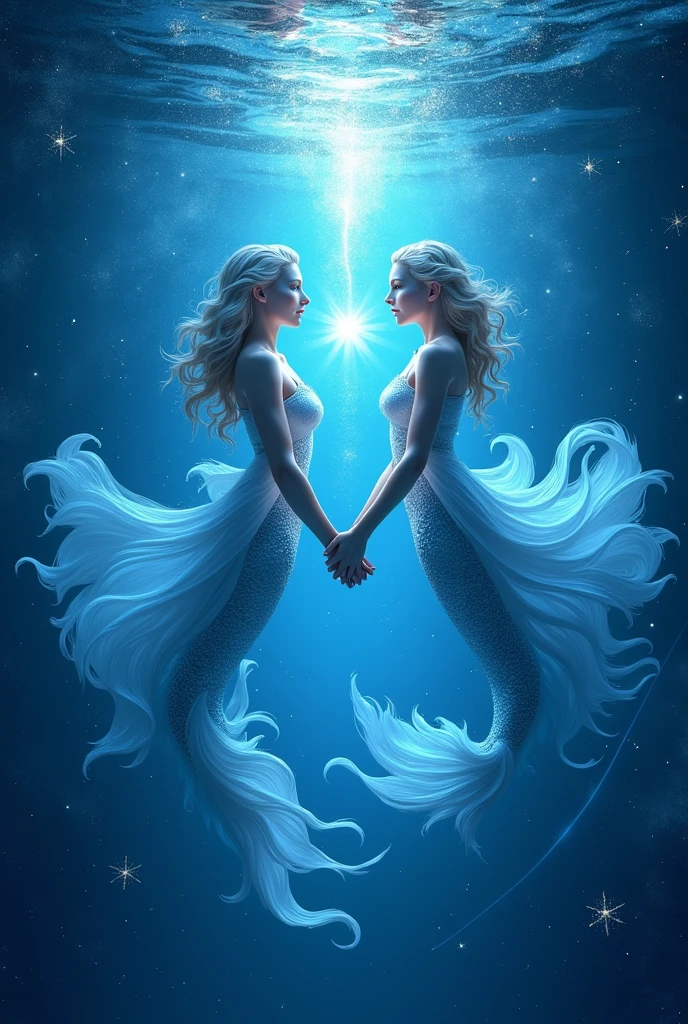 Pisces, blue and white star realm, twin gods, mirror image, mermaid, ten fingers tightly clasped, radiating a blue and white light all over,4K