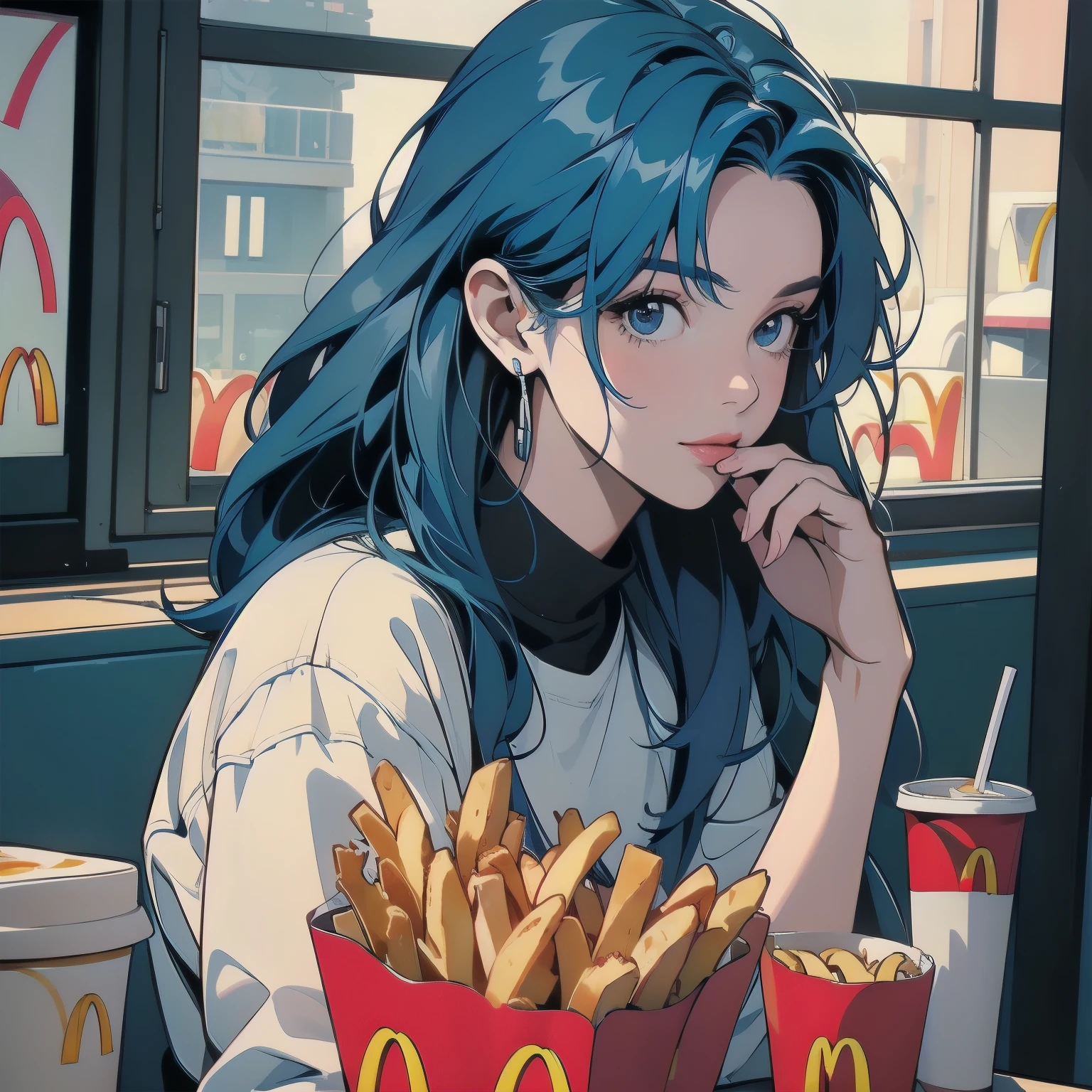 (((McDonald's fries)))、1 female、Trigun、Persona、Blue Hair