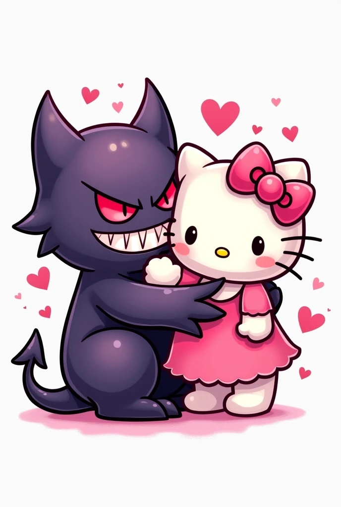 tattoo design. Evil Gengar and Pink Hello Kitty, lovers, 2d, White background