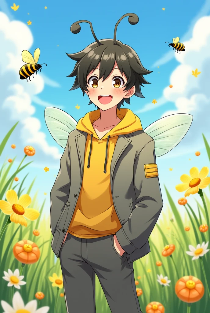 A bee and A man look like a bee he have anthena and he's 18 years-old and shirt yellow gray and he's a anime