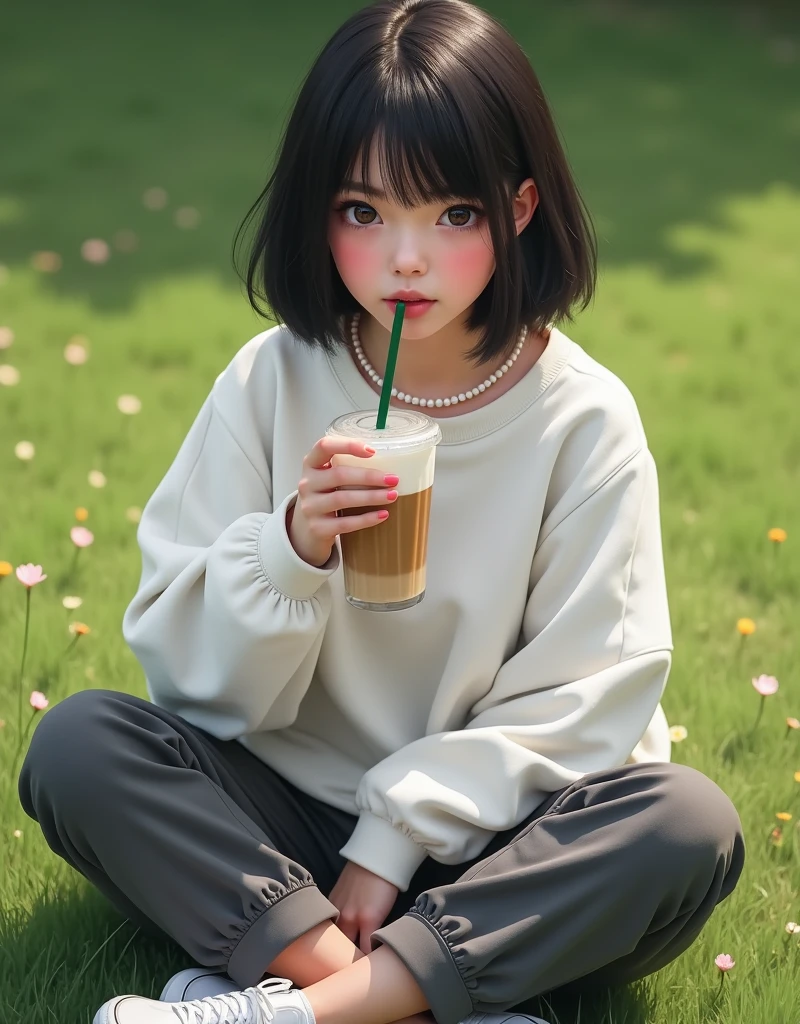(RAW photo, best quality, masterpiece: 1.2), (photorealistic: 2), (Polish girl, 20 years old, black hair, Light grey eyes, short bob cut, hair in 7 thirds, hair over one ear, Symmetrical eyes, solo, Detailed Skin:1.1), White oversized sweatshirt, dark grey pants, white sneakers, small pearl necklace, sitting Indian style on the grass, drinking cafe latte from a clear cup with a green straw, angled from above, sunny