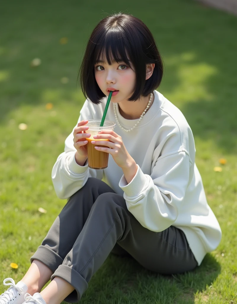 (RAW photo, best quality, masterpiece: 1.2), (photorealistic: 2), (Polish girl, 20 years old, black hair, Light grey eyes, short bob cut, hair in 7 thirds, hair over one ear, Symmetrical eyes, solo, Detailed Skin:1.1), White oversized sweatshirt, dark grey pants, white sneakers, small pearl necklace, sitting Indian style on the grass, drinking cafe latte from a clear cup with a green straw, angled from above, sunny