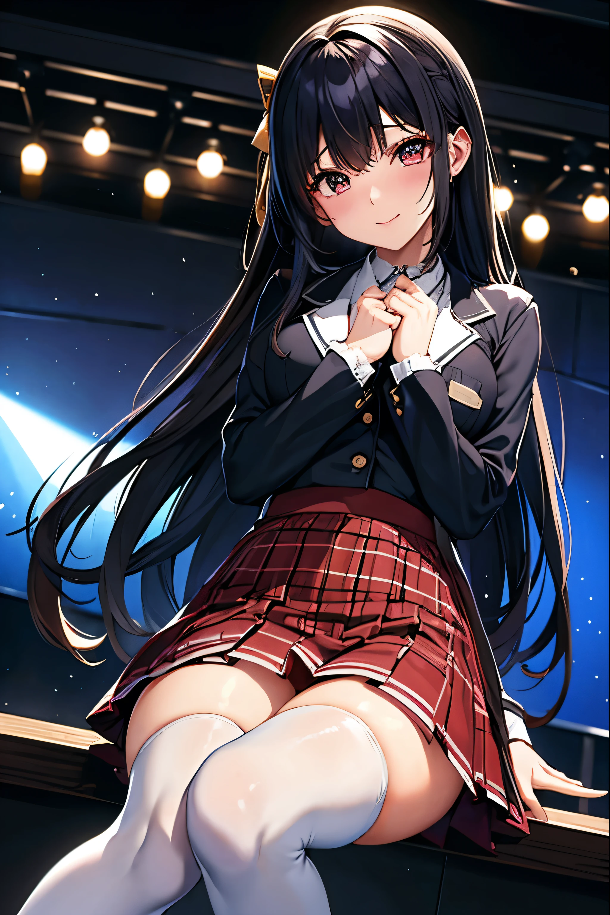 High school girl blazer、uniform、Red checked knee-length skirt、Long skirt、JK Style、Jacket、smile、Knee-high socks、Thigh-high socks、pantyhose、Extremely beautiful、Super cute、ennui、Rare Beauty、Dark black eyeshadow、sad、Skin radiance、Long Hair Straight Hair、Dark Gothic Makeup、Dark Smile、Fragrant beauty、Stained glass background、masterpiece、Highest quality、See 5 books、Sweat glistening on my chest、Sweat glistening on the face、Small breasts、22 years old、Slightly slim、Mysterious look、Sad look、Mysterious Gothic Church、enchanting castle、Excessive sweating all over the body、Sweat dripping down thighs, shining in the light、Shiny thighs、Thighs、Sweat on thighs, shining brightly、sweat profusely、gal、Small breasts、Japanese face、Captivating look、Thin Thighs、play the guitar、I have a guitar、Enthusiastic singing、play the guitar in a band、Playing guitar chords、Background of the live music venue、Sing a song、Open your mouth、Scenery of a live music venue、Mike stand、Glamorous live stage、Dynamic Angles、Vivid straight long hair、delicate straight hair、