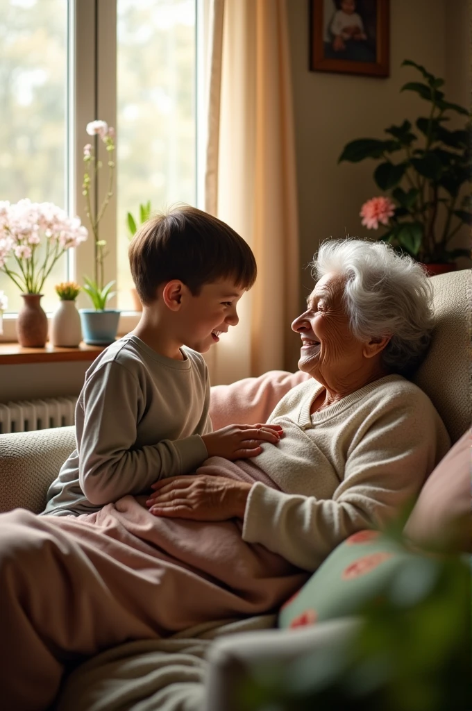 Image in which boy is taking care of his old mother and make it in ratio of YouTube short
