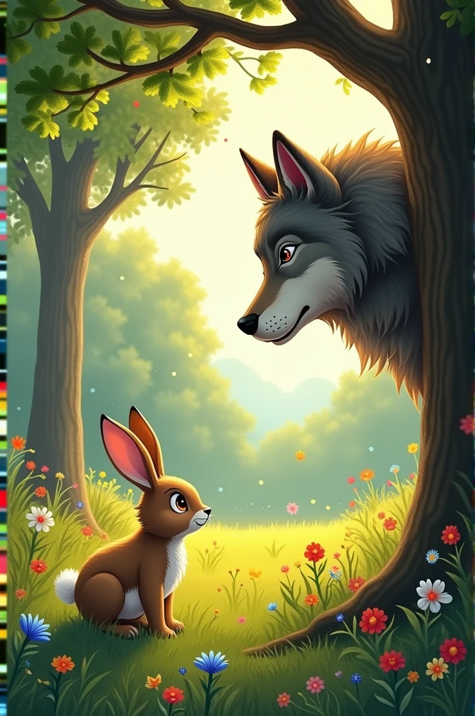 The rabbit sneaks up on the wolf in the tree.
