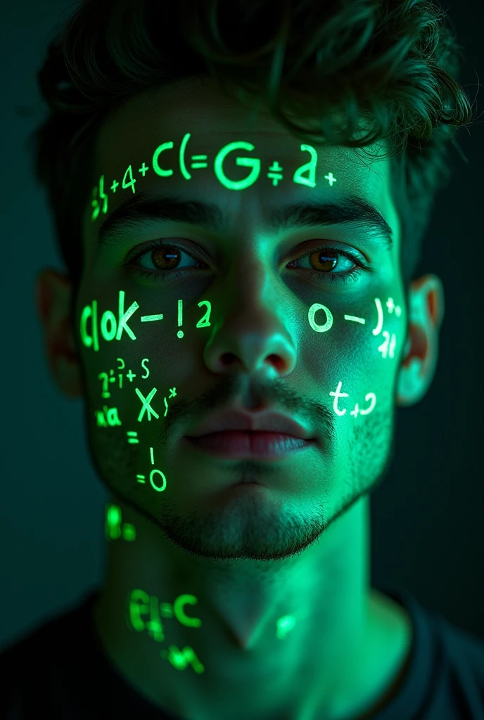 Close-up of man face 23 years old, glowing green holographic equations projected onto skin. Intense gaze, realistic features. Dark background, cyberpunk aesthetic. Luminous mathematical formulas, handwritten style. Futuristic, high-tech atmosphere. Photorealistic rendering, dramatic lighting, sharp contrast
