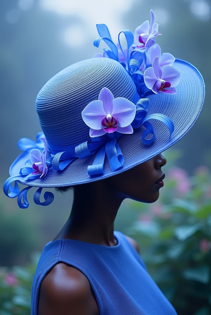 Blue,purple orchid flower inspired weaving hat design. Take a orchid flower shapes to the hat shape. Add orchid flowers with ribbon designs.