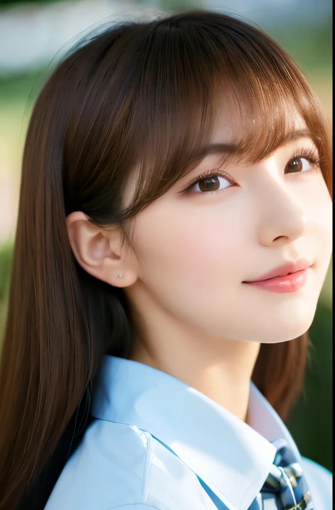 masterpiece, close up of face, front-facing view, a Japanese young pretty woman, (Bouncing cheerfully), Gorgeous figure, Wearing a short-sleeved white collared shirt and a shiny red satin plain bow tie, Wearing a blue tartan plaid skirt, absolutely pretty face, shiny lip, Double eyelids in both eyes, Natural makeup, long eyeslashes, shiny smooth light brown hair of medium length,, asymmetrical bangs, skin tanned, Alone in the classroom, , Headframe, image in center, 8K resolution, high detal, detailed hairstyle, A detailed face, spectacular movie lighting, octane renderings, with a vibrant, Ultra-realistic, Perfect limbs, perfect anatomia, short-hair, full body Esbian