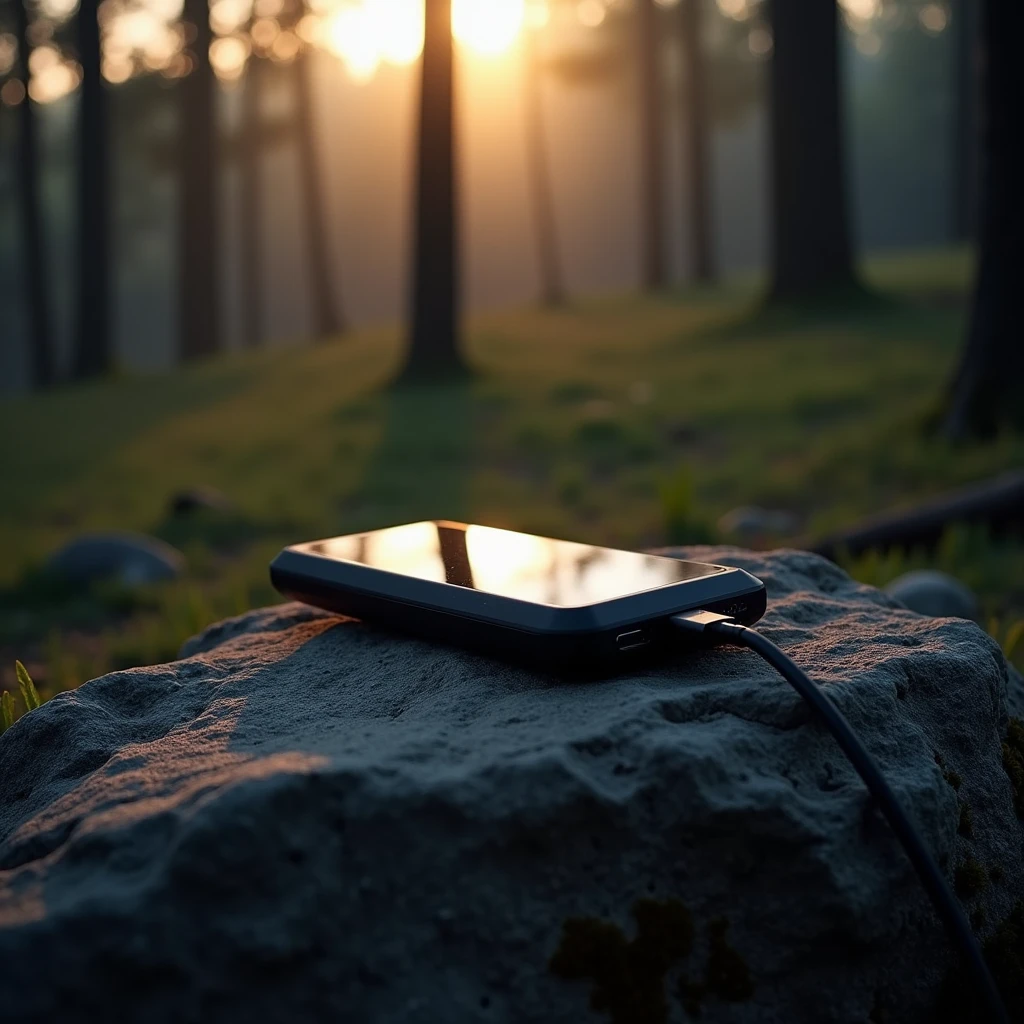A sleek, modern power bank placed on a rock in the wilderness, with a smartphone plugged into it. The background features a serene but isolated forest scene at dusk, with a dim light filtering through the trees. The power bank’s LED indicators are glowing softly, signaling its readiness to provide emergency power. The scene is minimalist, with the focus on the power bank and the practical, life-saving role it plays in remote locations. Clear, clean composition, ultra detailed, 4K.