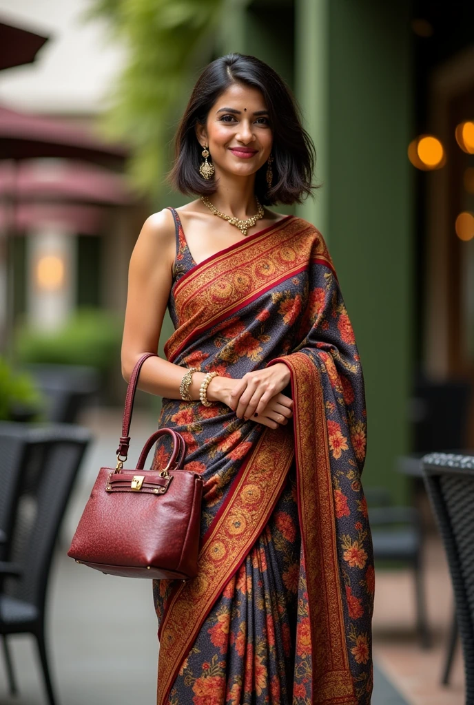 Female 30, bob cut hair, Shruti looking, gorgeous saree and purse, full length body photograph, looking straight at the camera, big cute smile, sexy figure, full body length photo inducing her feet.