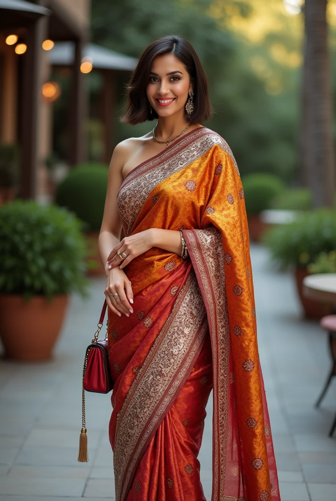 Female 30, bob cut hair, Shruti looking, gorgeous saree and purse, full length body photograph, looking straight at the camera, big cute smile, sexy figure, full body length photo inducing her feet.
