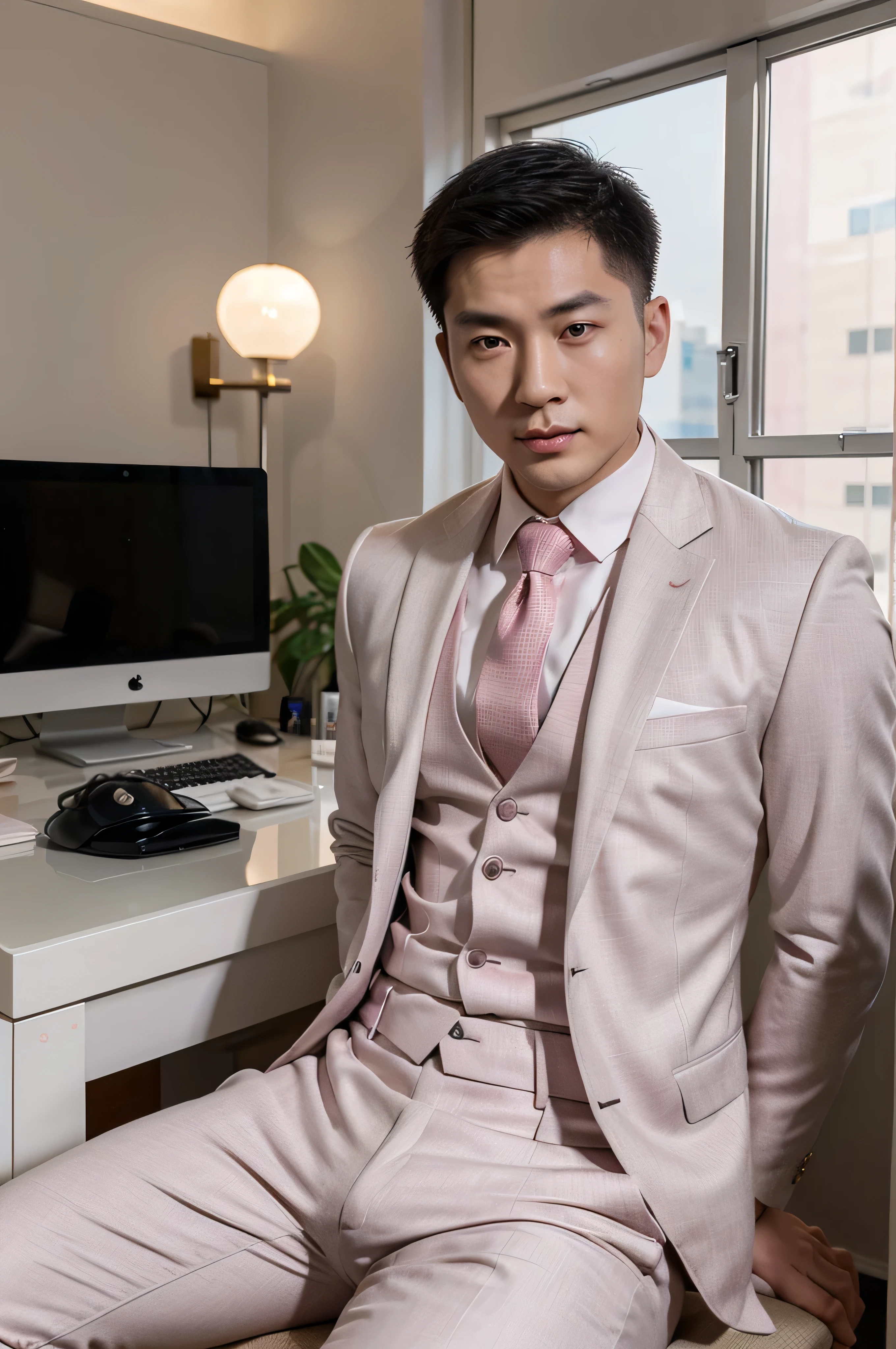 Chinese man, 29 years old, handsome masculine face , big eyes, high nose, smooth white skin, pink lips, well-proportioned body, fitness body, wearing a suit and tie, sitting in his private office