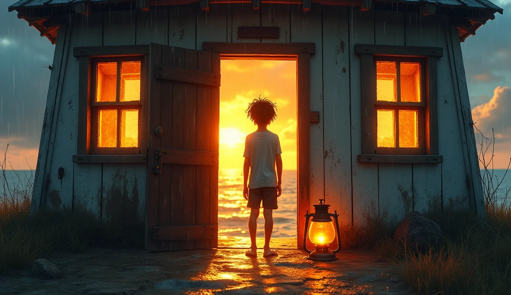 Kai is a lean, wiry ager with tanned skin from long days spent under the sun. His hair is dark and unruly, A kind, elderly lighthouse keeper opening the door to a soaked, exhausted boy, offering shelter and warmth."