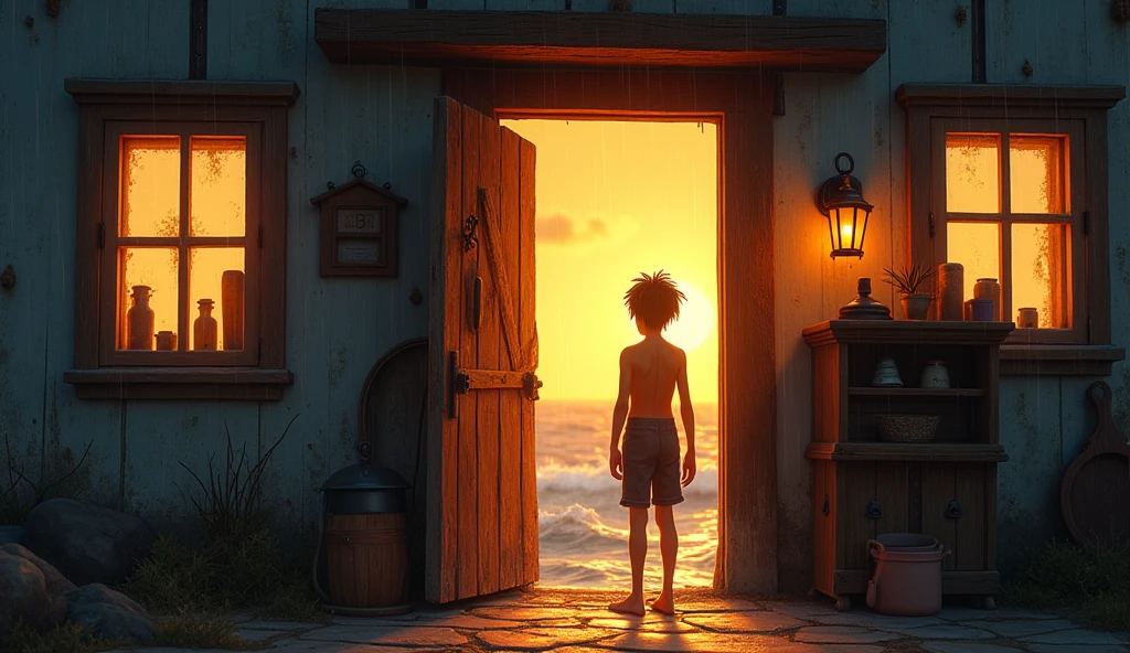 Kai is a lean, wiry teenager with tanned skin from long days spent under the sun. His hair is dark and unruly, A kind, elderly lighthouse keeper opening the door to a soaked, exhausted boy, offering shelter and warmth."**