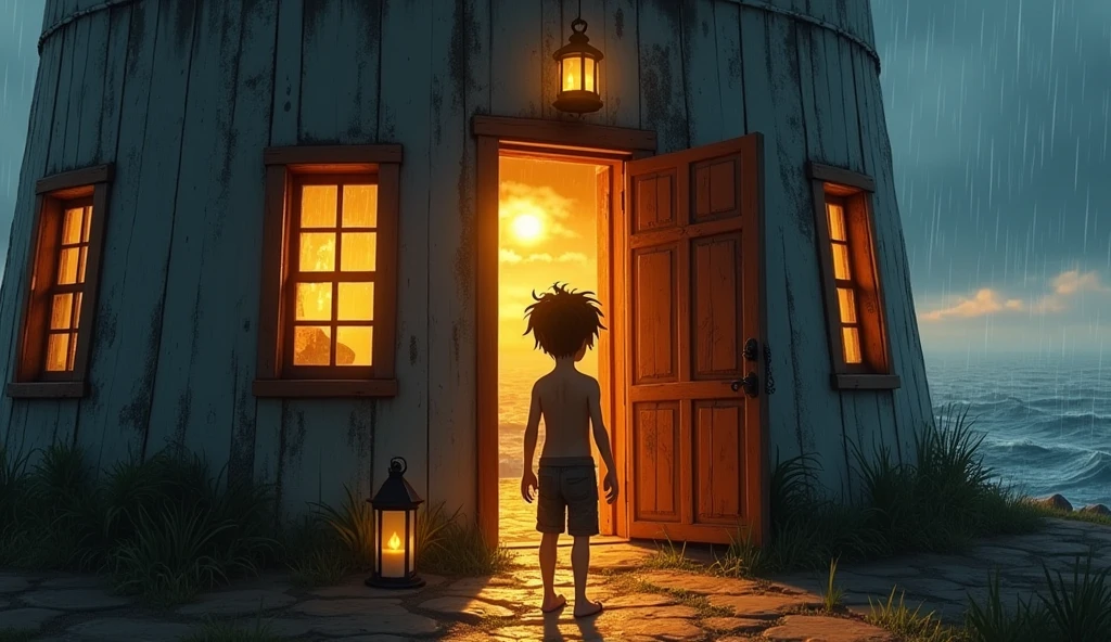 Kai is a lean, wiry teenager with tanned skin from long days spent under the sun. His hair is dark and unruly, A kind, elderly lighthouse keeper opening the door to a soaked, exhausted boy, offering shelter and warmth."**