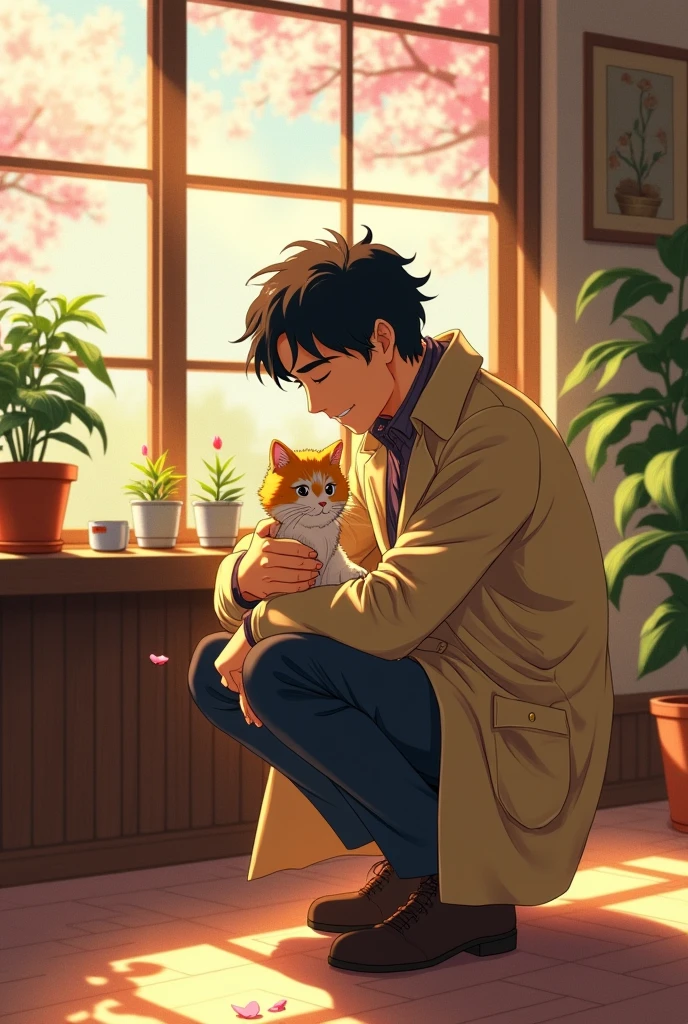 In anime style, Osamu Dazai from te anime series Bungou Stray Dogs with a lovely kitten.