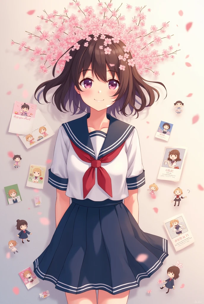 I'm studying in a sailor uniform and a bunch of cherry blossom petals are coming out of my head.、Scattered illustrations。Composition from above