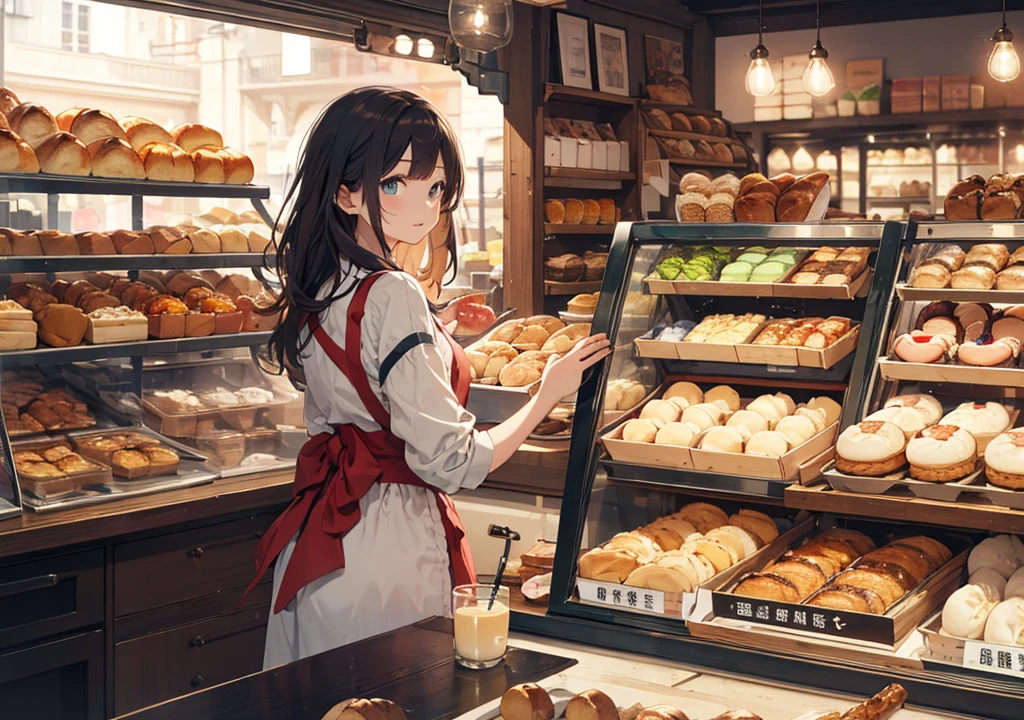Realistic photos, Focus distance 10mm, Red and white, Beautiful girl, Realistic photos, Shooting at focus distance 10mm, masterpiece, 最high quality, high quality, Very detailed CG 8k wallpaper unit, Award-winning photography, Depth of written boundary, High resolution, bloom, chromatic aberration, Realistic, Very detailed, Art Station Trends, CGsociety Trends, Complex, High detail, dramatic, Art on the go, volumetric lighting,  beautiful girl wears a pastel-colored apron dress in a cute French bakery on a cobblestone street corner in a Disney-esque Paris. Croissants and baguettes are beautifully arranged in the glass windows of the bakery, and the aroma of freshly baked bread wafts from inside the shop. The girl looks out at the street outside with a soft smile as she arranges colorful macarons on a tray. In the background is a warm, magical cityscape reminiscent of a Disney movie